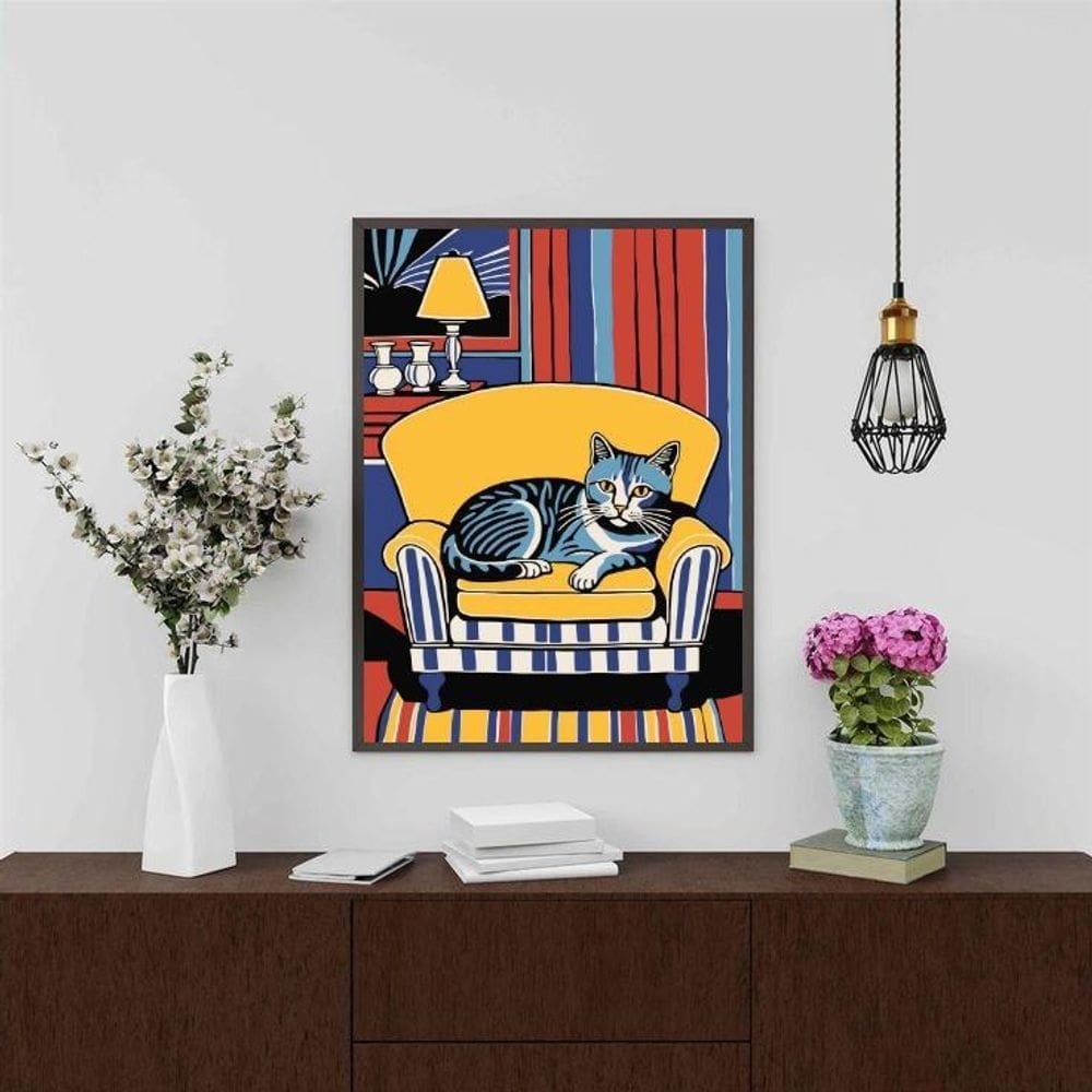 Quadro Decorativo Gato Na Sala 33X24Cm