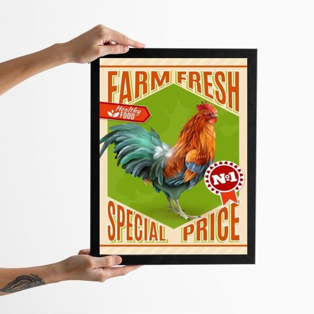 Quadro Vintage Galo - Poster Fazenda 45X34Cm - Com Vidro