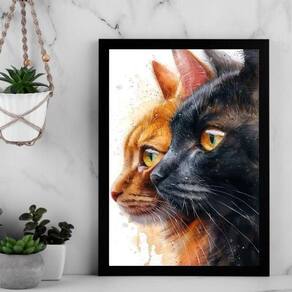 Quadro Gato Preto E Caramelo - Aquarela 24X18Cm - Com Vidro