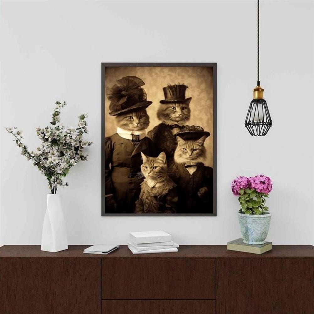 Quadro Vintage Foto Família Gato 45X34Cm - Com Vidro