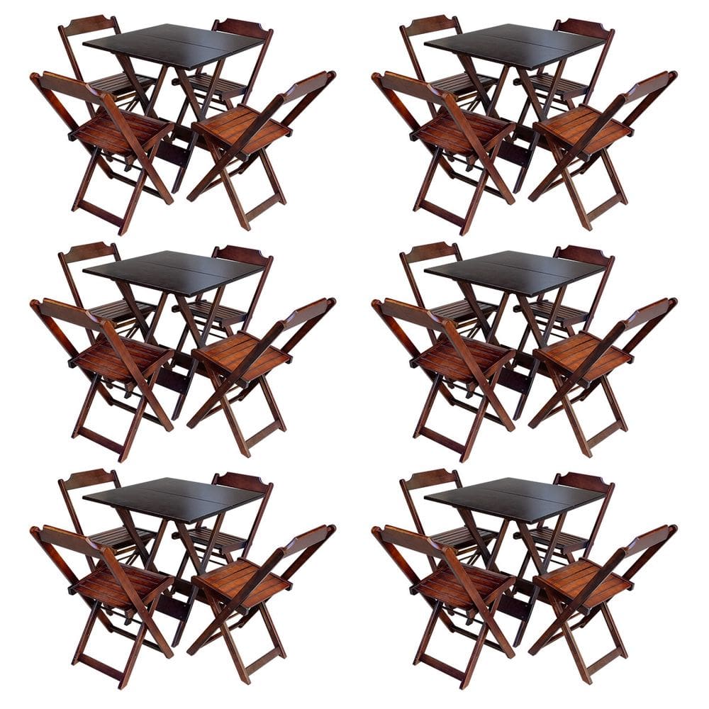Kit 6 Conjuntos de Mesa com 4 Cadeiras de Madeira Dobravel 70x70 Qualidade Móveis Guara - Imbuia
