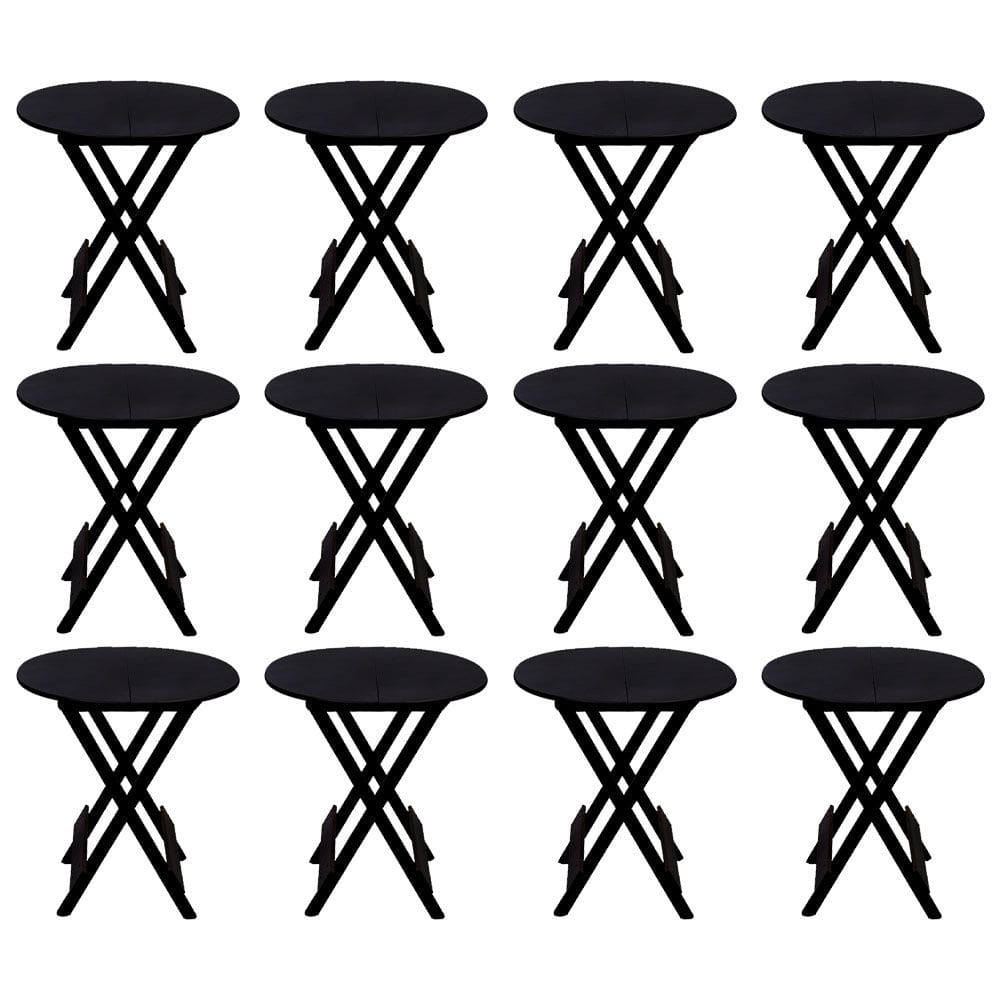 Kit 12 Mesas Redondas Dobráveis em Madeira Maciça 70x70 Preto Ideal para Bares e Restaurantes