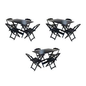 Kit 3 Jogos de Mesa Retangular Dobravel em Madeira Padrão 120x70 com 4 Cadeiras - Preto