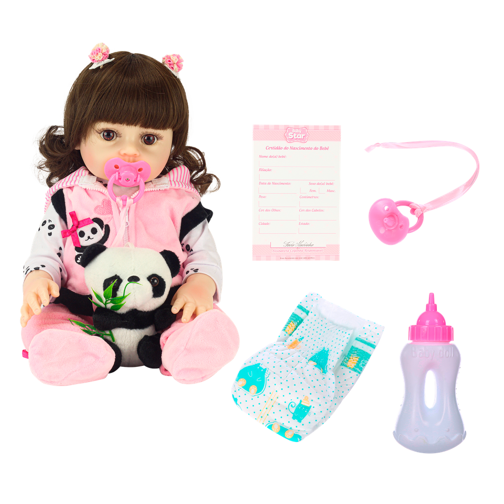 Boneca Bebê Reborn Realista Panda com Acessórios Baby Star