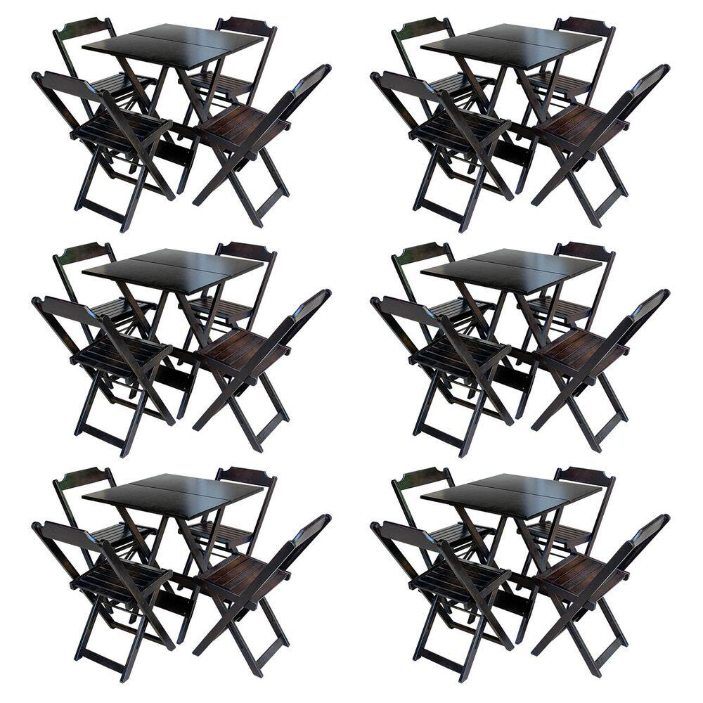 Kit 6 Jogos De Mesa Com 4 Cadeiras De Madeira Dobravel 70x70 Ideal Para Bar E Restaurante - Tabaco