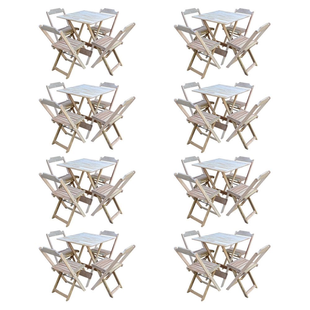 Kit 8 Conjuntos De Mesa Com 4 Cadeiras De Madeira Dobravel 70x70 Sem Pintura/Crua