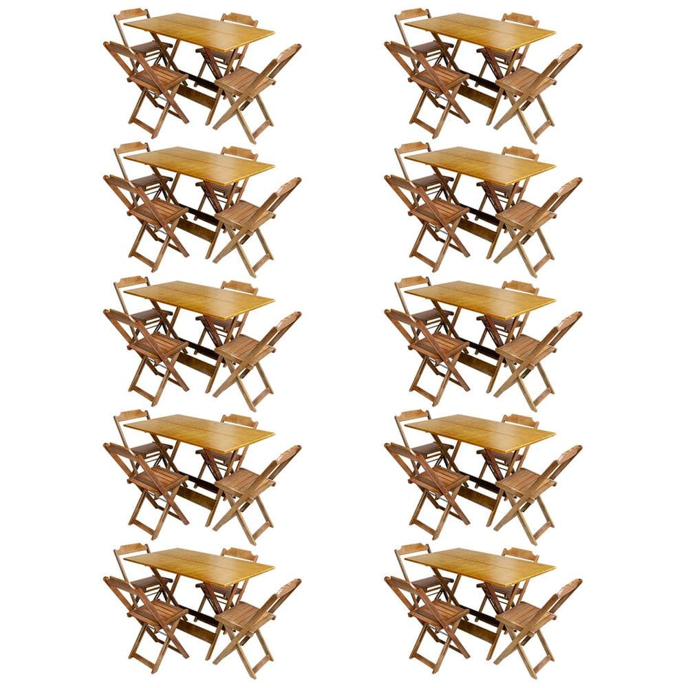 Kit 10 Jogos De Mesa Com 4 Cadeiras De Madeira Dobravel 120x70 Ideal Para Bar E Restaurante - Castanho