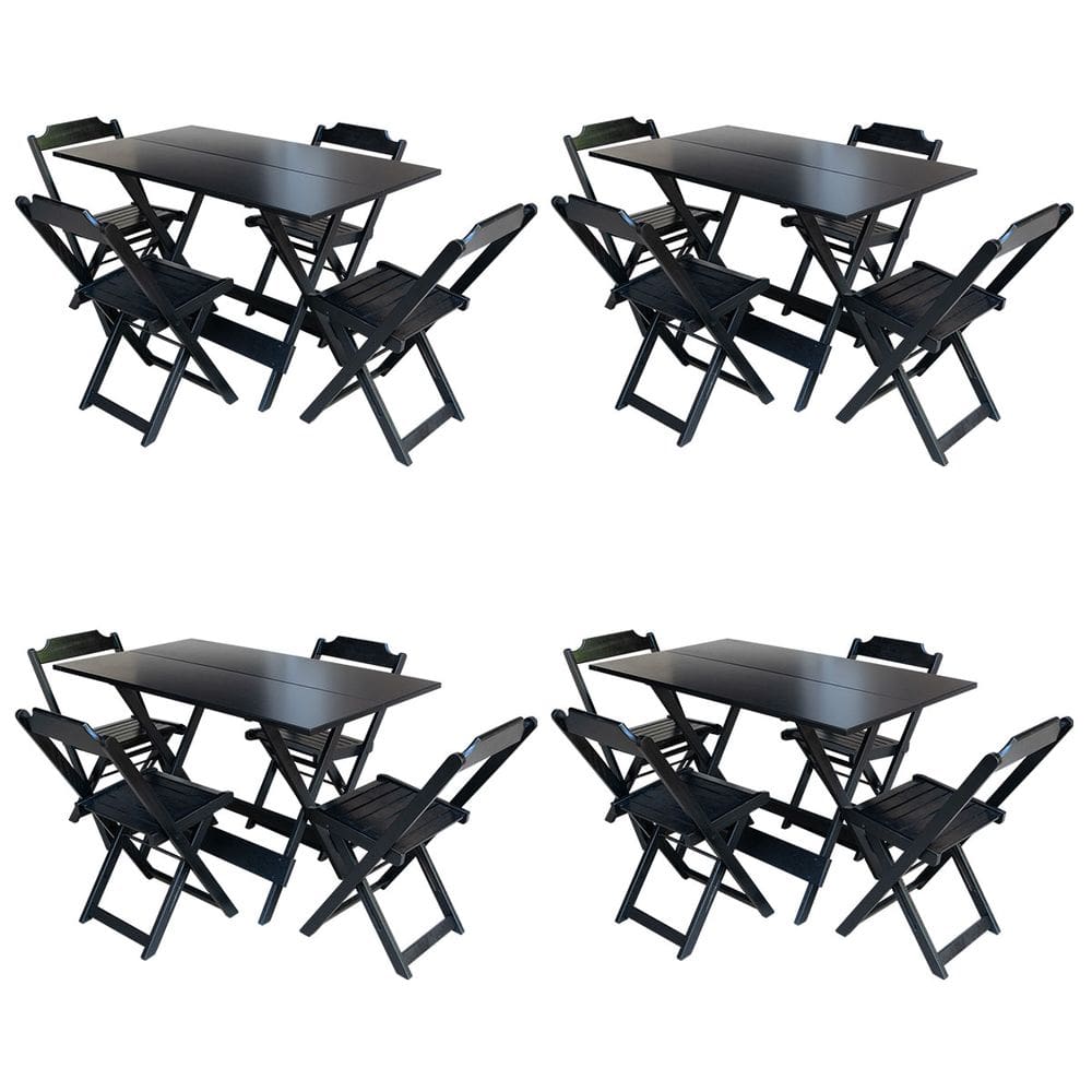 Kit 4 Jogos De Mesa Com 4 Cadeiras De Madeira Dobravel 120x70 Para Bar E Restaurante - Preto