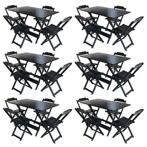 Kit 6 Jogos De Mesa Com 4 Cadeiras De Madeira Dobravel 120x70 Para Bar E Restaurante - Preto