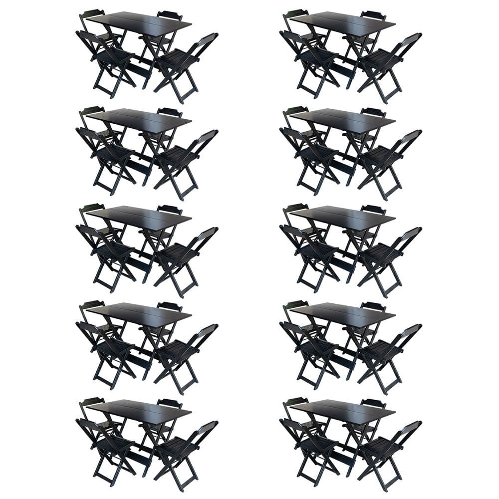 Kit 10 Conjuntos De Mesa Com 4 Cadeiras De Madeira Dobravel 120x70 Preto