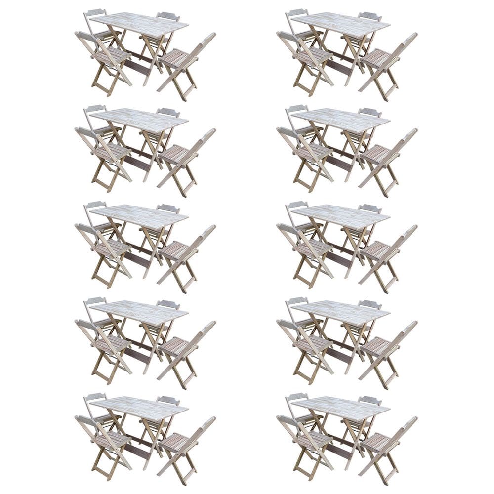 Kit 10 Conjuntos De Mesa Com 4 Cadeiras De Madeira Dobravel 120x70 Sem Pintura/Crua
