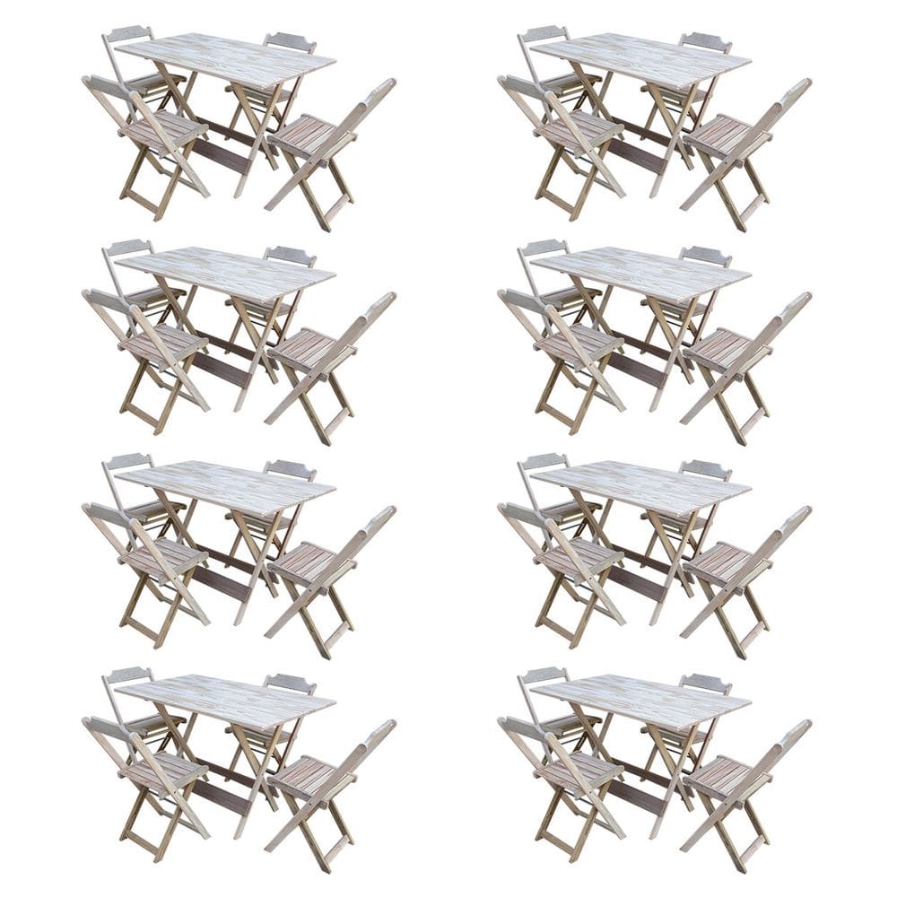 Kit 8 Conjuntos De Mesa Com 4 Cadeiras De Madeira Dobravel 120x70 Sem Pintura/Crua