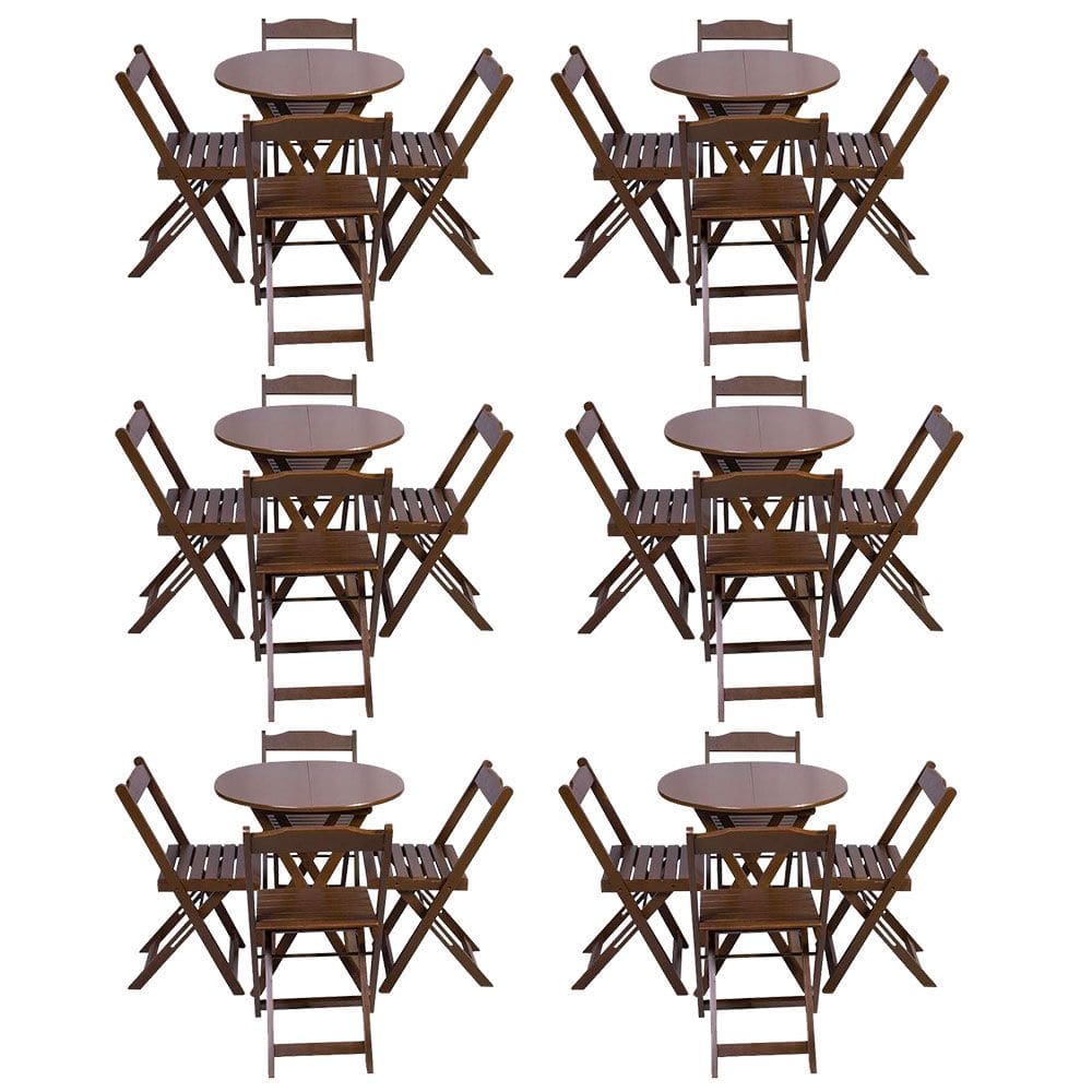 Kit 6 Jogos de Mesa Dobravel com 4 Cadeiras Tampo Redondo 70x70 Imbuia