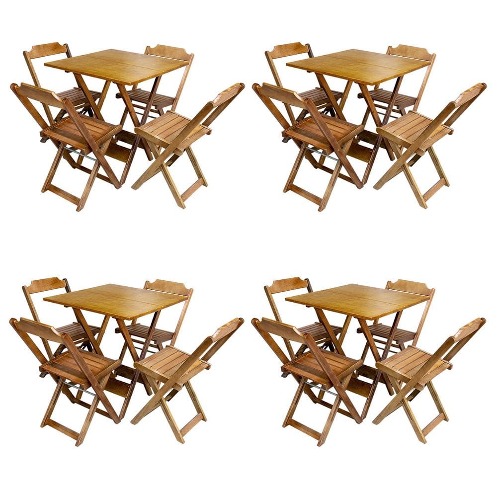 Kit 4 Jogos De Mesa Com 4 Cadeiras De Madeira Dobravel 60x60 Ideal Para Bar E Restaurante - Caramelo