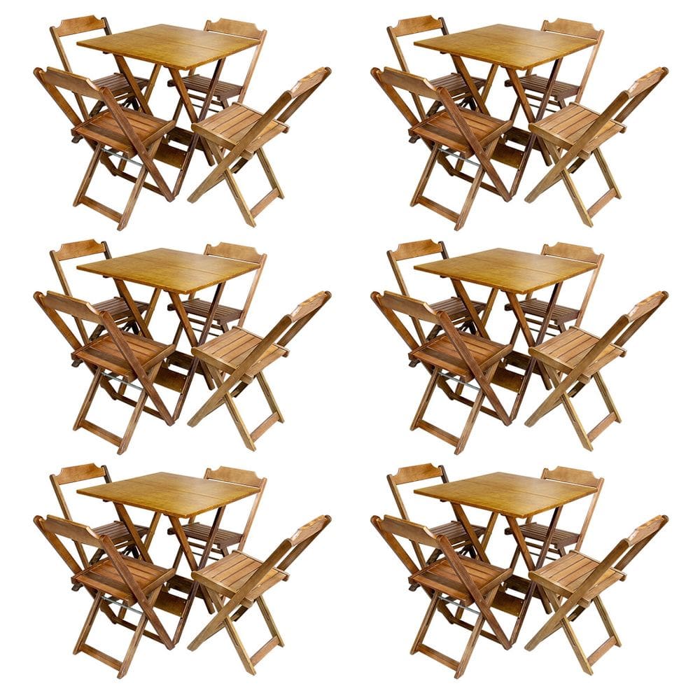 Kit 6 Jogos De Mesa Com 4 Cadeiras De Madeira Dobravel 60x60 Ideal Para Bar E Restaurante - Caramelo