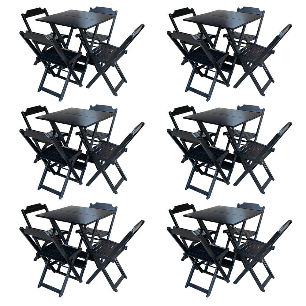 Kit 6 Jogos de Mesa com 4 Cadeiras de Madeira Dobravel 60x60 Ideal para Bar e Restaurante - Preto