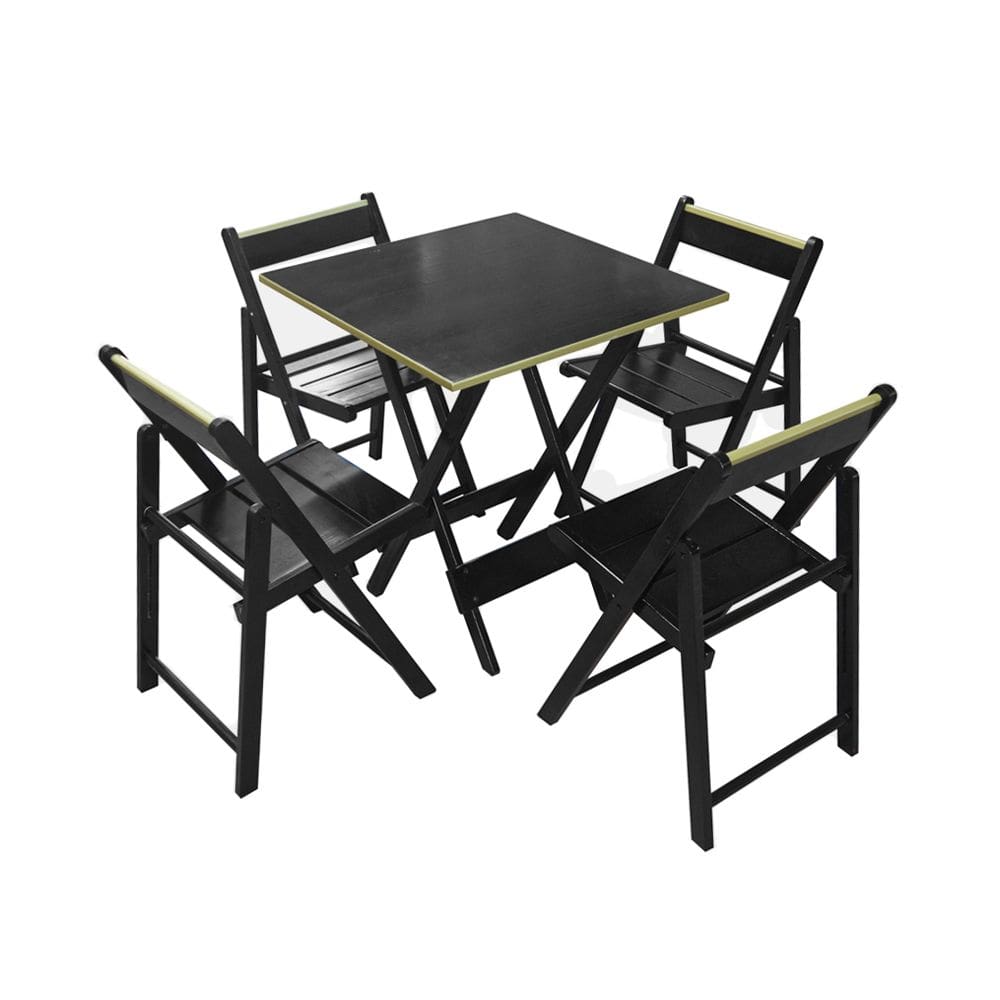Jogo de Mesa Dobravel 70x70 em Madeira Robusta com 4 Cadeiras Top Black