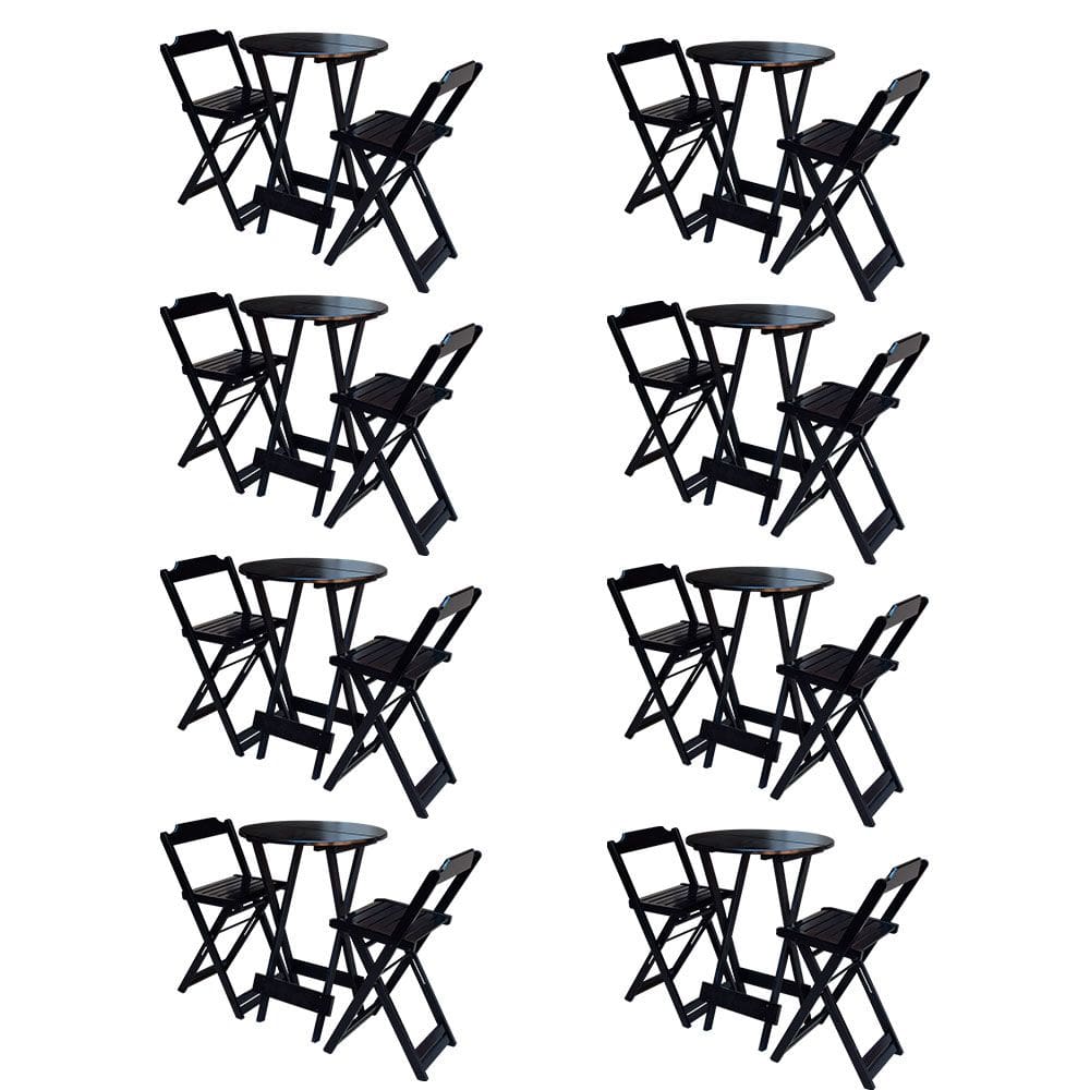 Kit 8 Jogos De Mesa Bistrô De Madeira Com 2 Cadeiras Dobravel Ideal Para Bar E Restaurante Preto