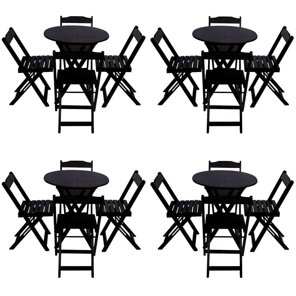 Kit 4 Jogos de Mesa Dobravel com 4 Cadeiras Tampo Redondo 70x70 Preto