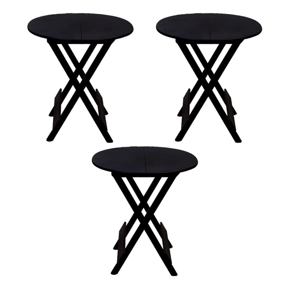 Kit 3 Mesas Redondas Dobráveis em Madeira Maciça 70x70 Preto Ideal para Bares e Restaurantes