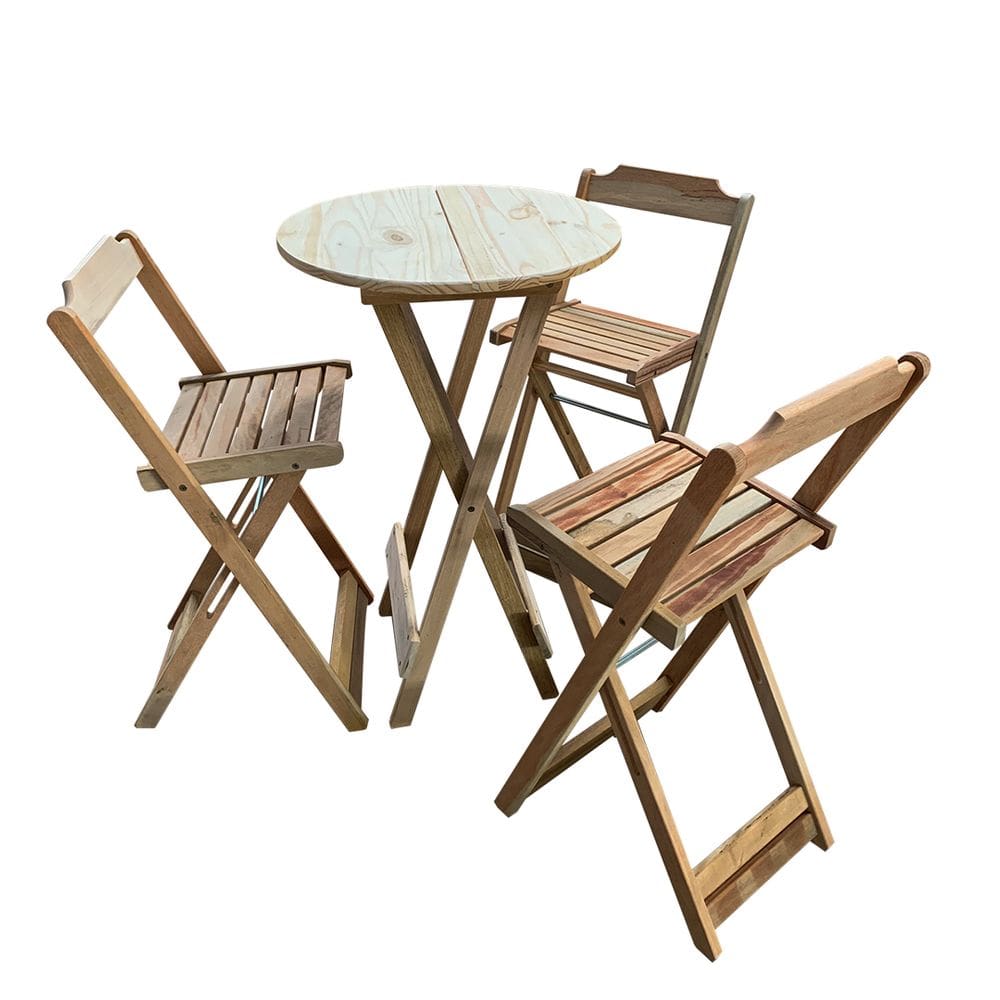 Jogo de Mesa Bistrô Dobrável em Madeira Padrão com 3 Banquetas Altas - Crua