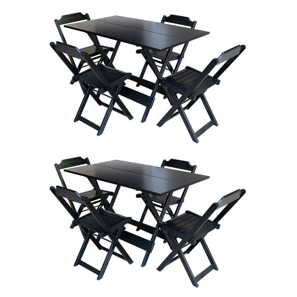 Kit 2 Mesas Dobraveis em Madeira Maciça 120x70 com 4 Cadeiras - Preto