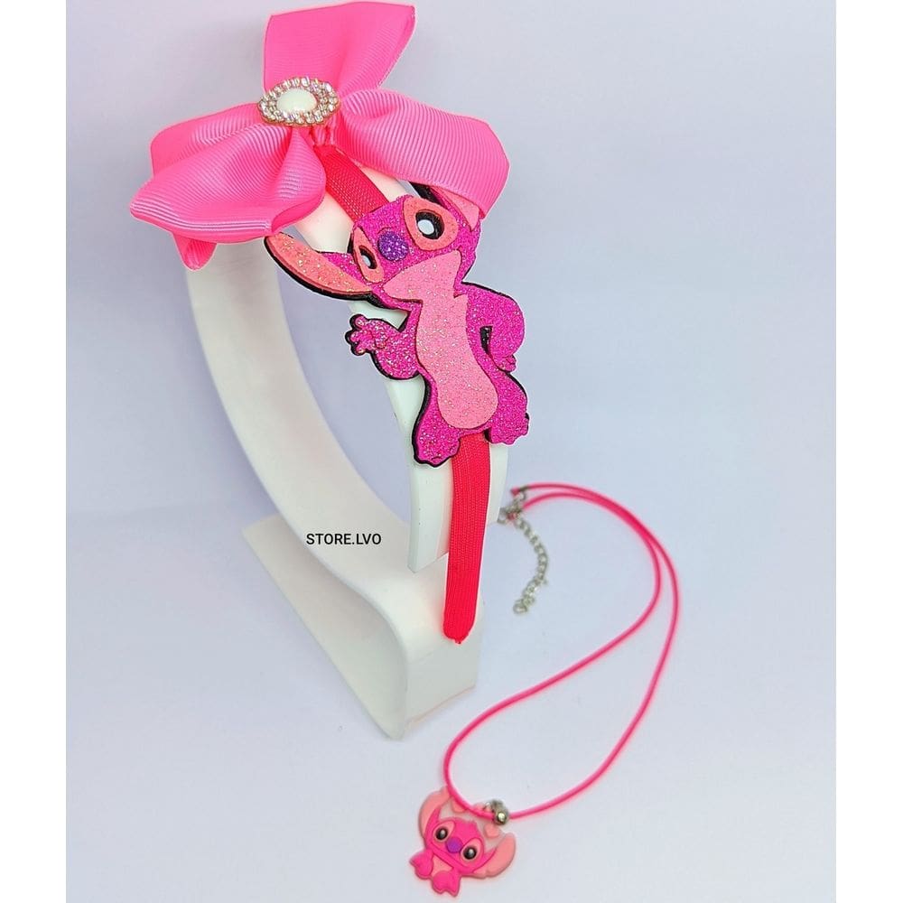 Kit Tiara Arquinho com Laço Acessório de Cabelo Moda Infantil Crianças + Colar Desenho animado Lilo angel Stitch