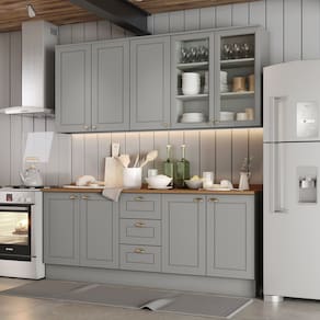 Cozinha Compacta 100% Mdf 4 Peças com Portas de Vidro Internacional Cinza/Marrom
