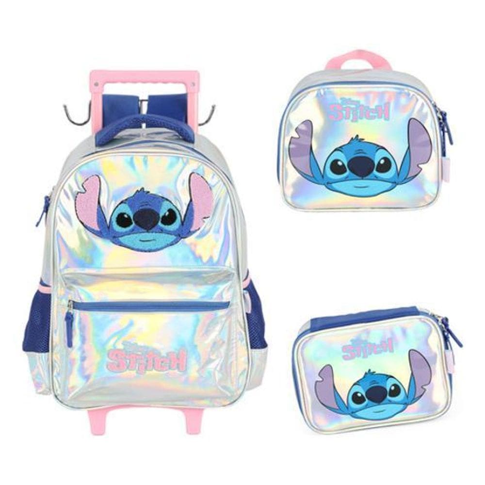 Kit Mochila Carrinho Alça Costas Stitch Metalizado