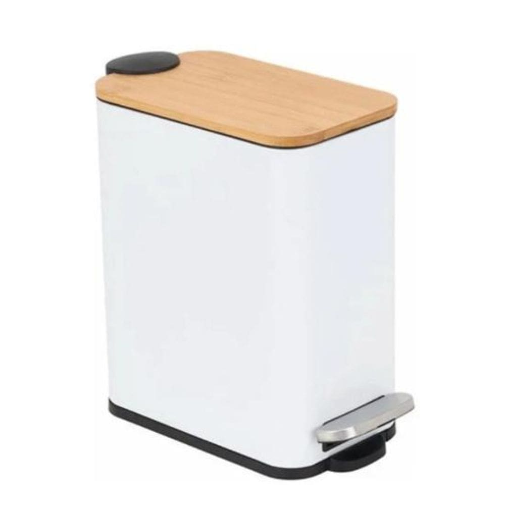 Lixeira Metal E Bambu Banheiro Cozinha Quadrada Branca 5L