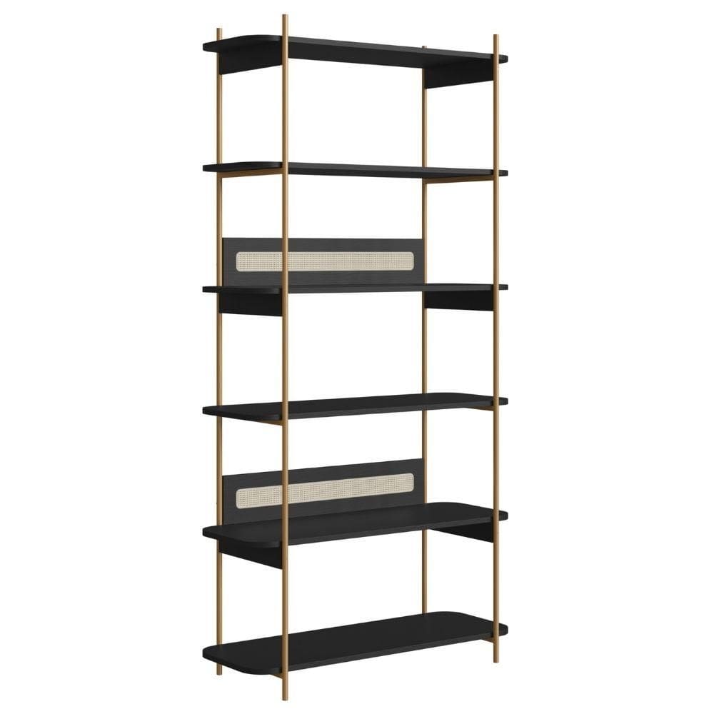 Estante Oslo Artesano 90 cm (largura) MDP Nero Palha Sintética Bege Pé Metal Dourado