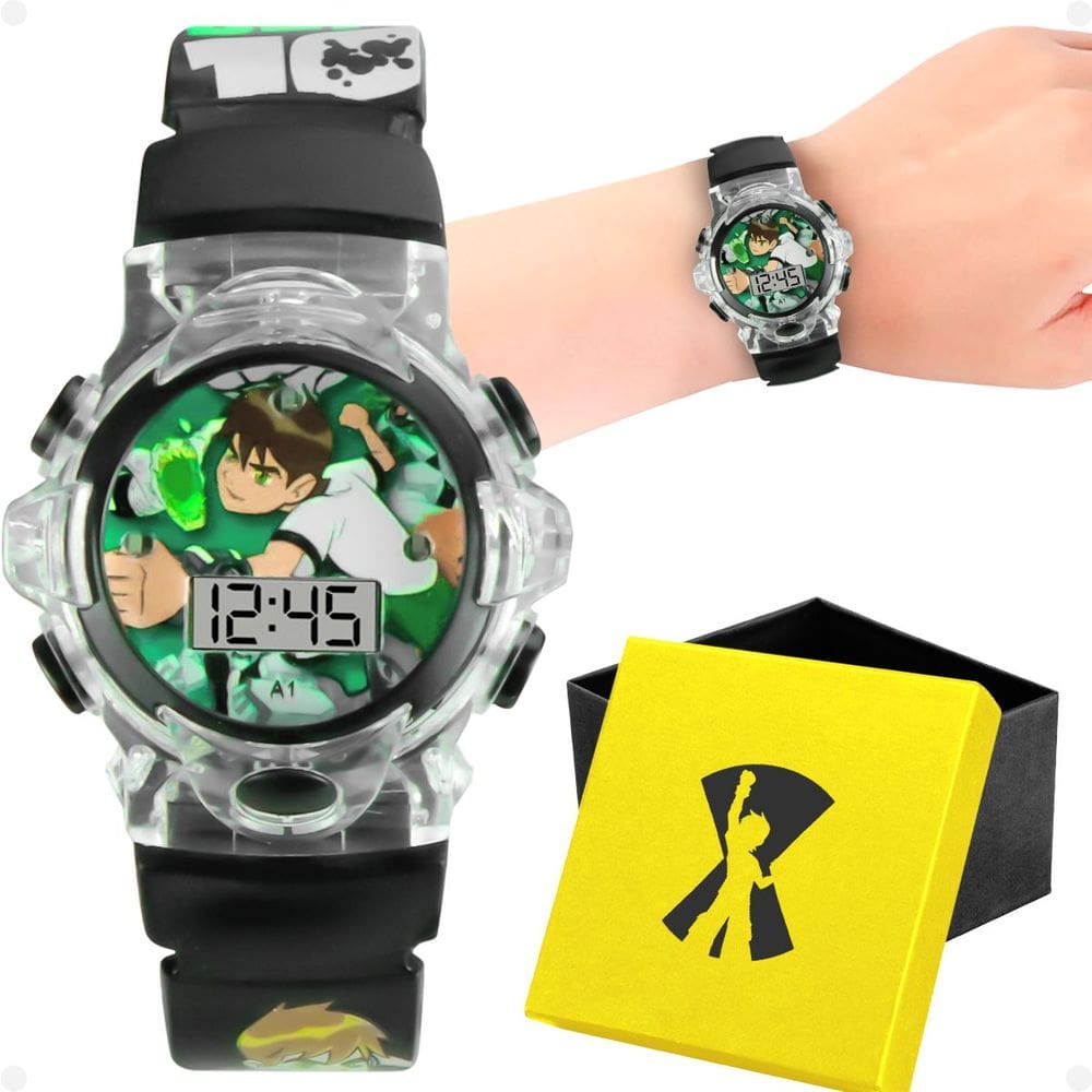 Relógio Digital LED Infantil Ben10 Silicone Preto + Caixa Herói - Orizom Kids