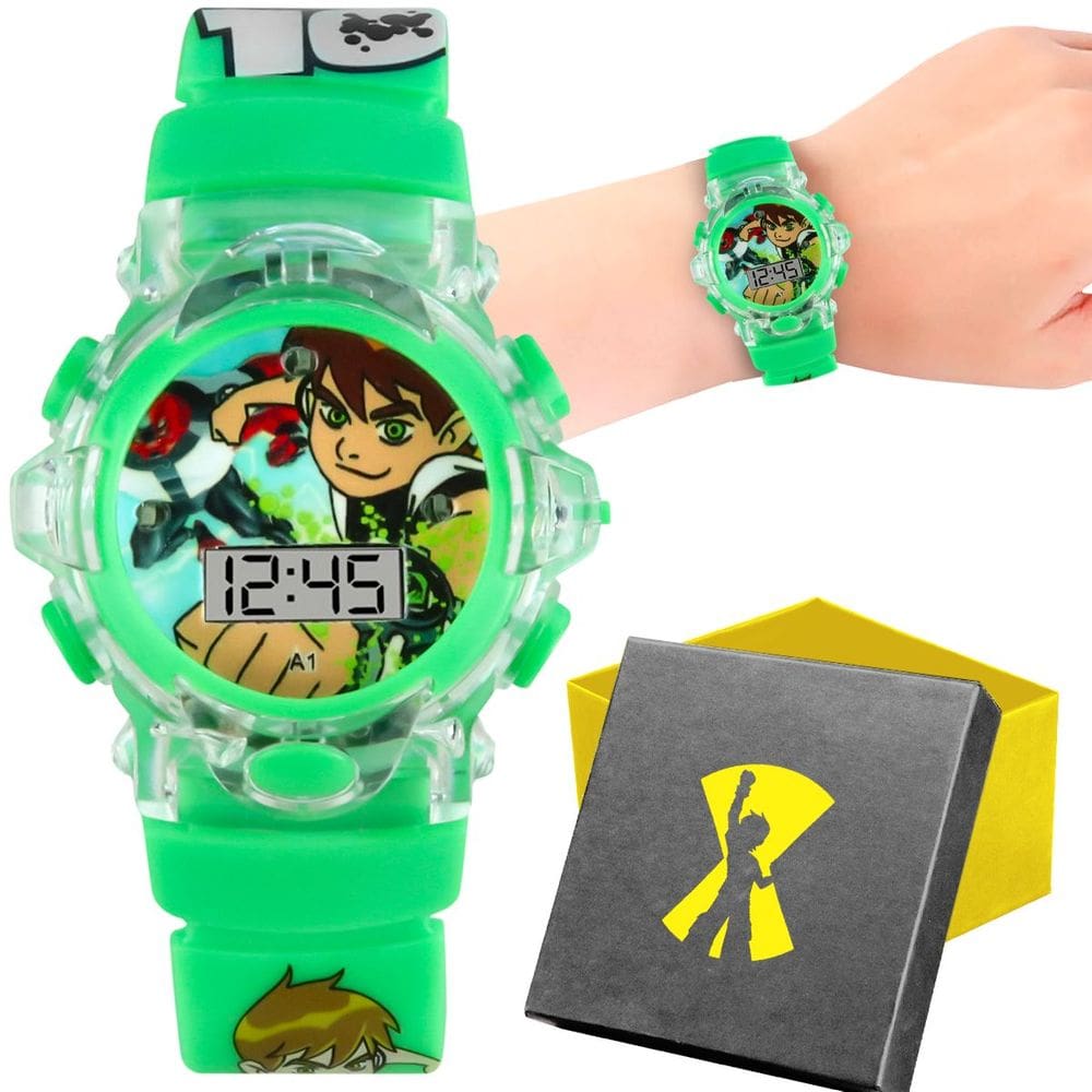 Relógio Digital LED Infantil Silicone Ben10 Verde Luz + Caixa - Orizom Kids