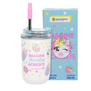 Copo Inox Com Canudo E Tampa 300Ml Unicórnio - Zona Criativa