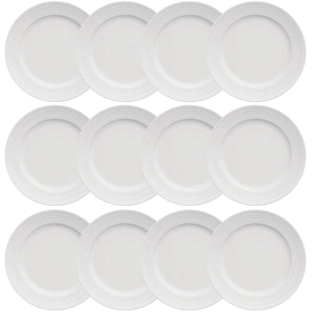 12 Pratos Rasos 26,5cm Porcelana Germer Chevron Branco Redondo Mesa Posta
