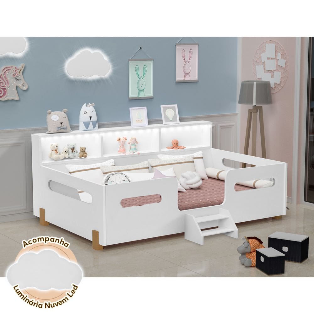 Cama Infantil Montessoriana Mary com Escada Led e Nicho Branco/Caramelo Acompanha Luminária Nuvem