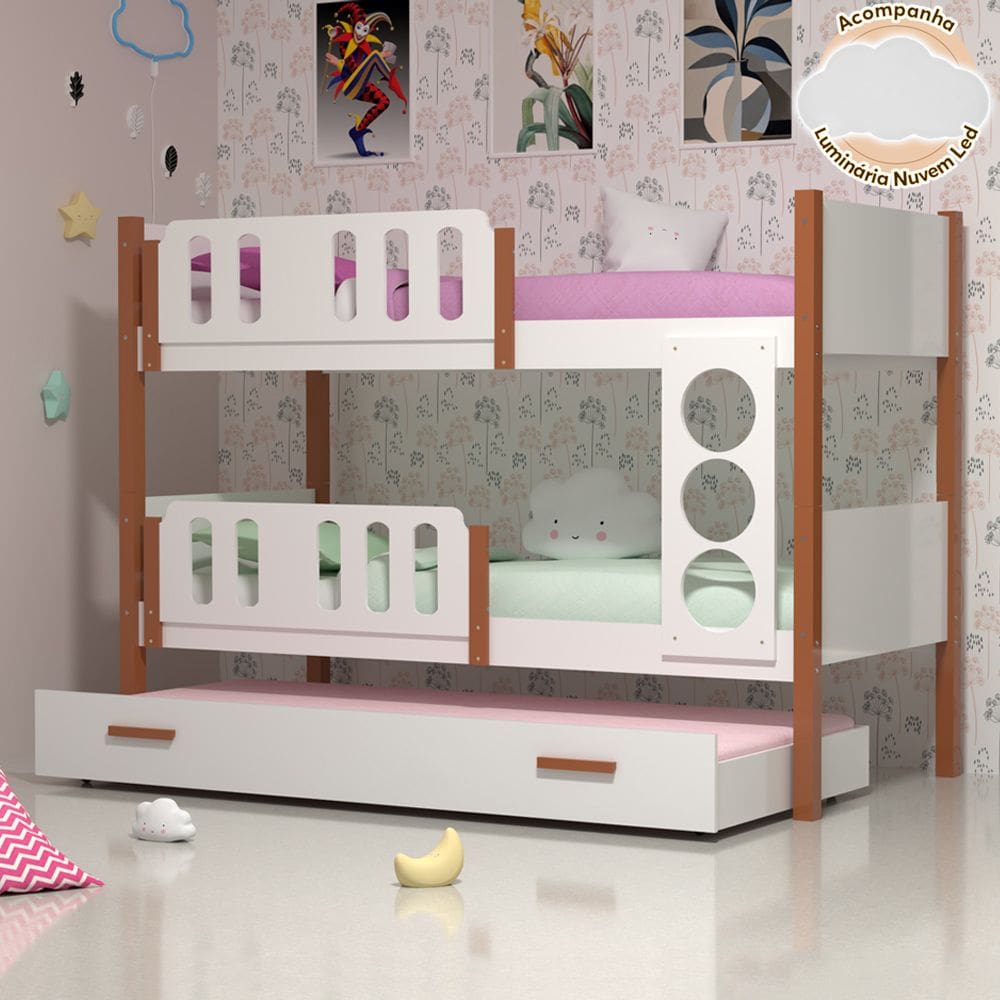 Beliche Solteiro Ônix com Cama Auxiliar Branco com Caramelo Acompanha Luminária Nuvem