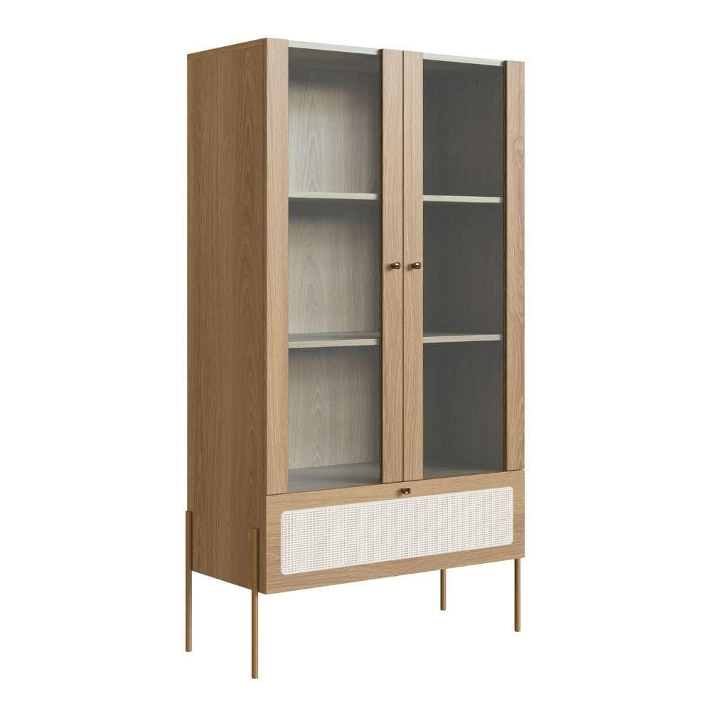 Cristaleira 2 Portas Oslo Artesano 83 cm (larg) MDP Hanover Palha Sintética Bege e Pés Metal Dourado