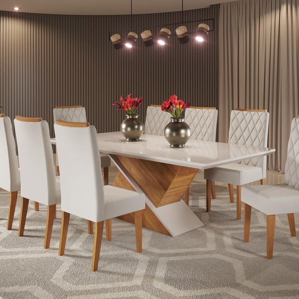 Mesa de Jantar Retangular 200x90 Noble com 8 Cadeiras Iza Mel/Off Whiti