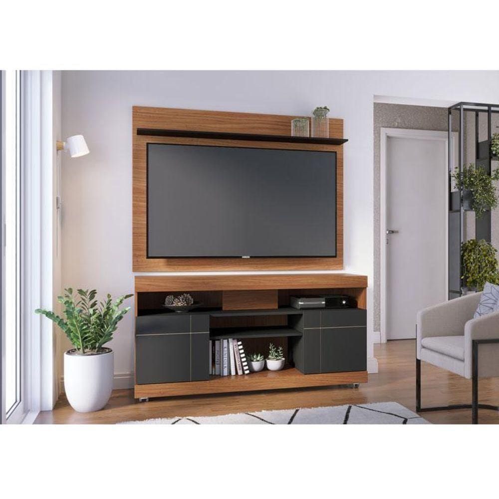 Rack Bancada Ambiente Yara E Painel Para Tv Maia Noce Milano Preto Acetinado - Colibri