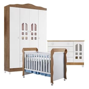 Quarto De Bebê New Selena 4 Portas Com Cômoda Gran Selena E Berço Mirelle Branco Amadeirado