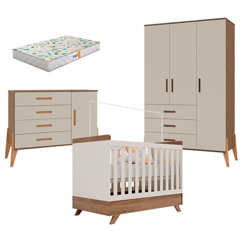 Quarto De Bebê Emilly 3 Portas E Berço Americano Retro Vitória Off White Carvalho Com Colchão Gazin