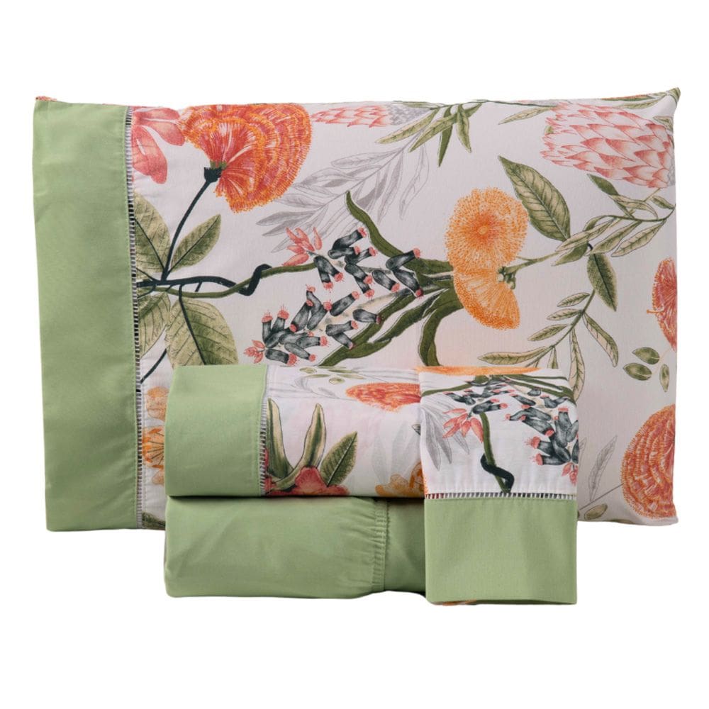 Jogo Cama Lençol Encanto Queen Estampado Percal 180 Fios c/ Ponto Palito 4 Peças - Floral - Verde