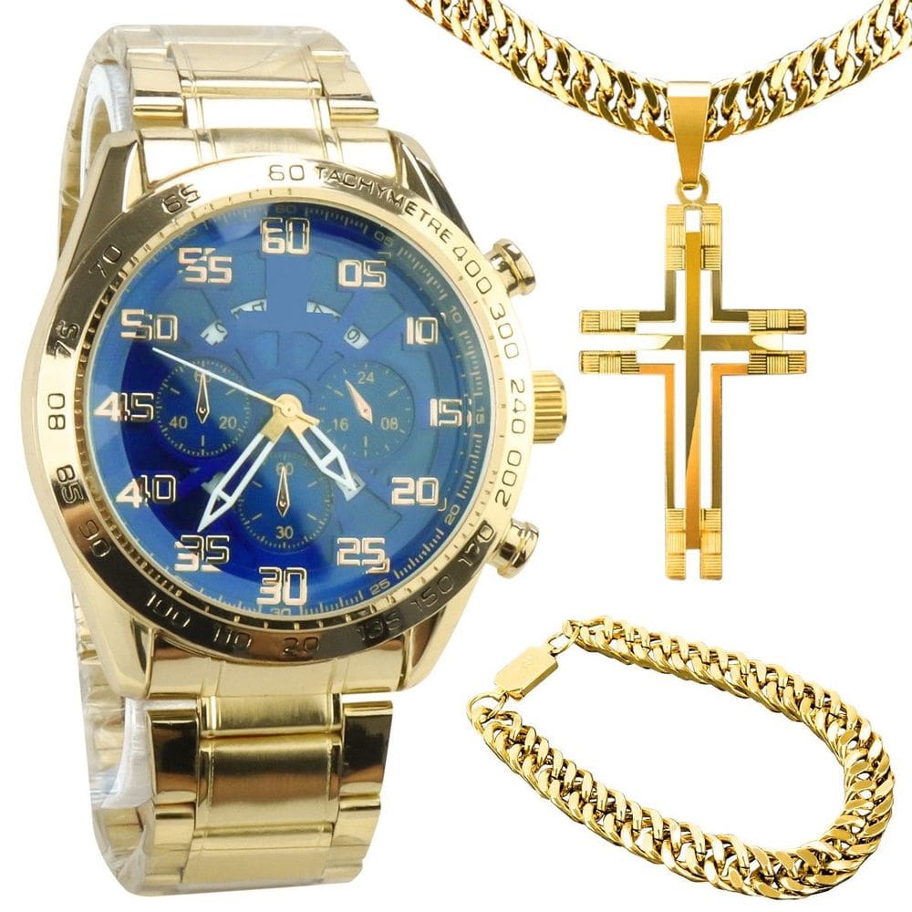 Kit Relógio Masculino Aço Inoxidável + Corrente + Crucifixo + Pulseira Banhados a Ouro - Orizom
