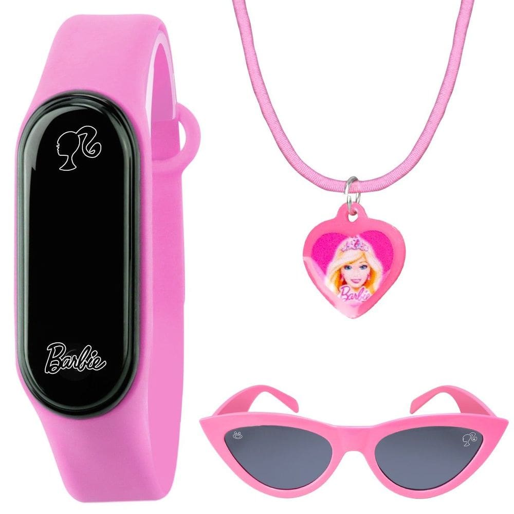 Relógio Infantil Digital Barbie Prova D´água Pulseira Ajustável + Colar + Óculos Proteção UV - Orizom Kids