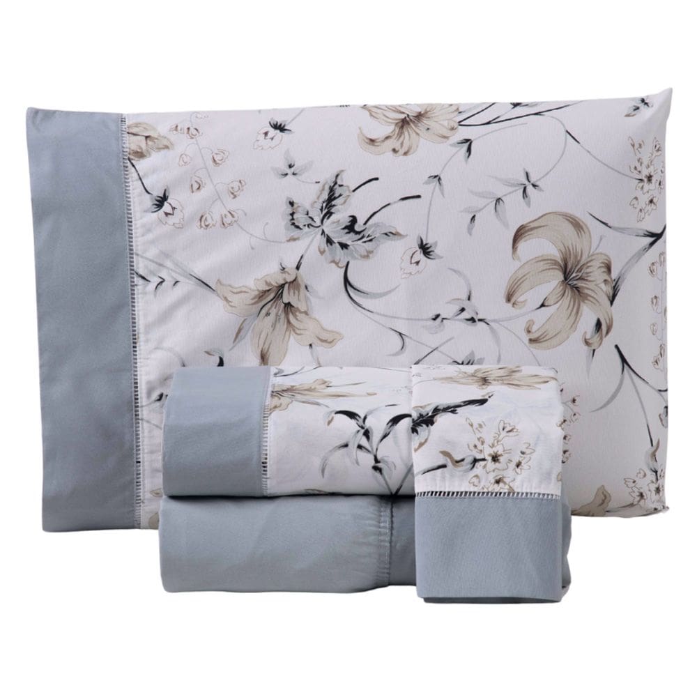Jogo Cama Lençol Encanto King Estampado Percal 180 Fios c/ Ponto Palito 4 Peças - Floral - Cinza