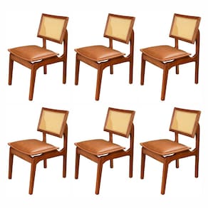 Conjunto com 6 Cadeiras de Madeira 100% Maciça Tauari e Rattan Natural com Assento Estofado Daren Li Imbuia