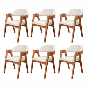 Conjunto com 6 Cadeiras de Madeira 100% Maciça, Estofada e Braço em Couro único Bélgica Living ou Imbuia/boucle Cru
