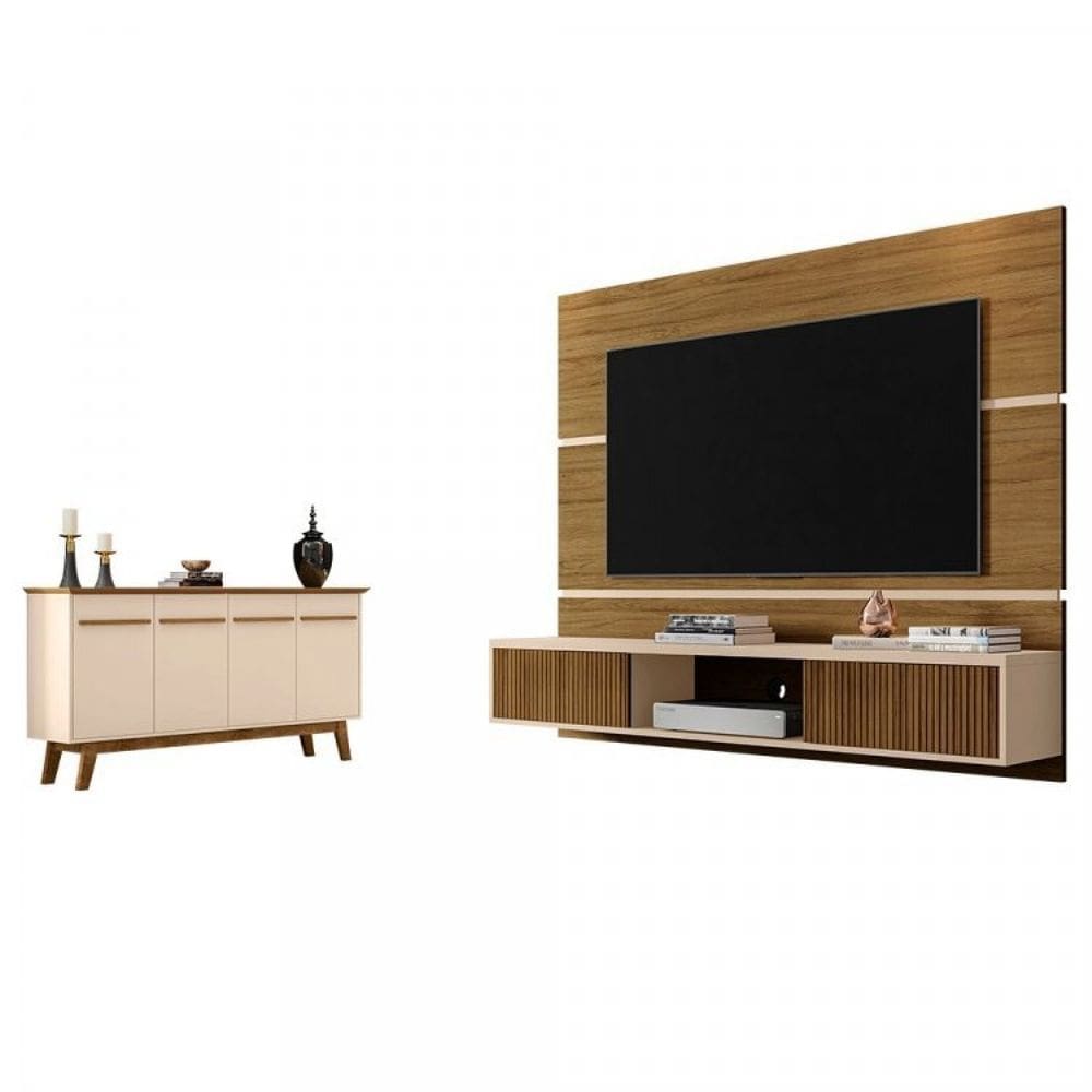 Conjunto Painel Âmbar para TV até 65 Polegadas e Buffet Opala Pés de Madeira Móveis Bechara Cinamomo/Off-White/Ripado