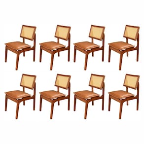 Conjunto com 8 Cadeiras de Madeira 100% Maciça Tauari e Rattan Natural com Assento Estofado Daren Li Imbuia